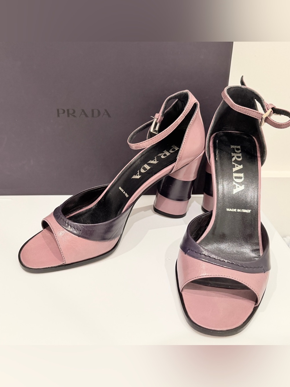 Prada Two-Tone Pink and Black Block Heel Sandals with Ankle Strap